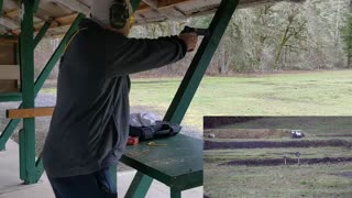 75 yards on 12 inch steel with a handgun